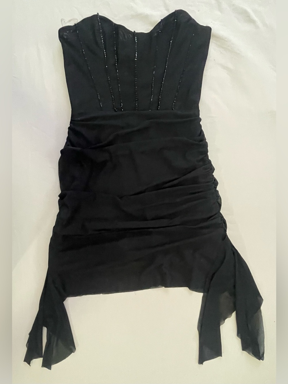 Oh Polly Strapless Black Ruched Party Dress with Beaded Detail